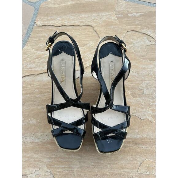 Prada Patent Leather Wedge Heels Sandals Beige Slingback Womens Size 38 Womens 8 - Picture 2 of 7